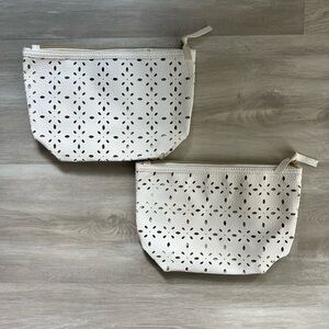 Saks Fifth Avenue Faux Leather White Perforated Cosmetic Case Pouch Bag Mirror